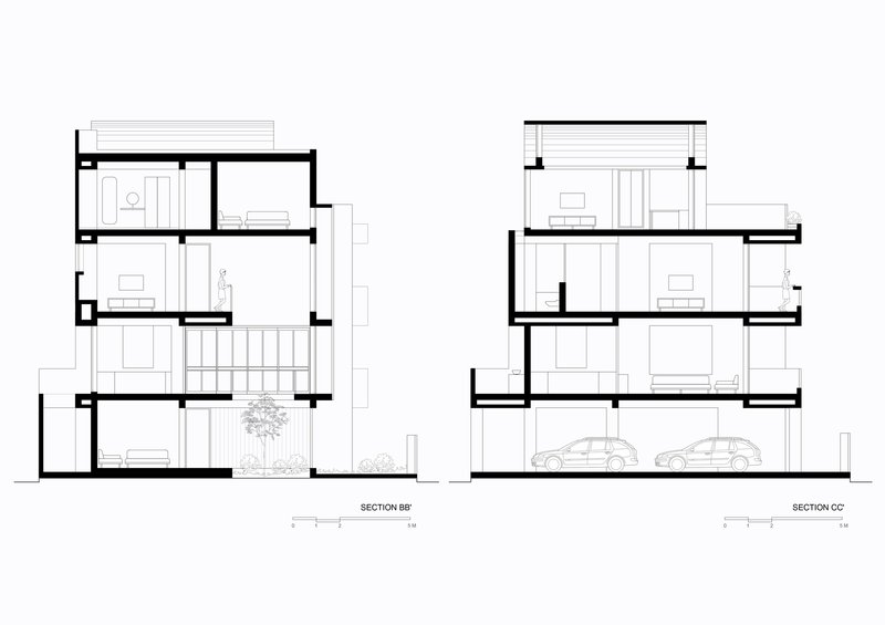 Section drawings showing the four-storey interior arrangement with double-height spaces and staircase connecting all levels