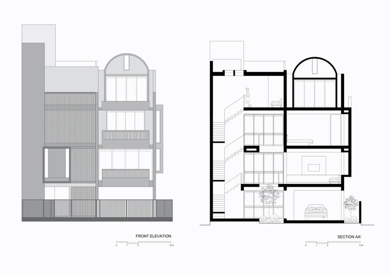 Front elevation and section drawings showing the arched openings, horizontal louvres, and central void with planted courtyard