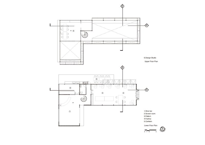 Floor plan drawings showing upper and lower levels with stair and room layout