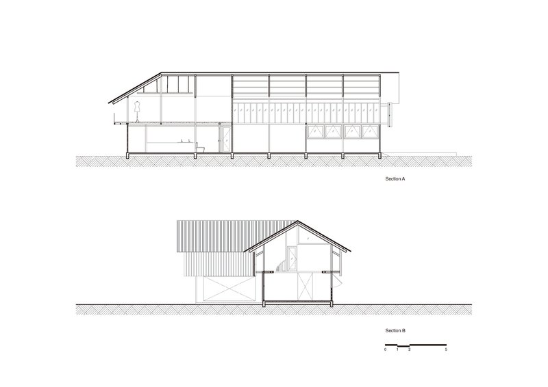 Building section drawings showing interior spatial arrangements and pitched roof profile
