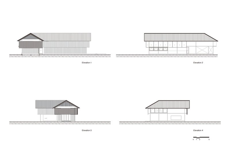 Elevation drawings showing four views of a gabled structure with vertical siding and varying window configurations