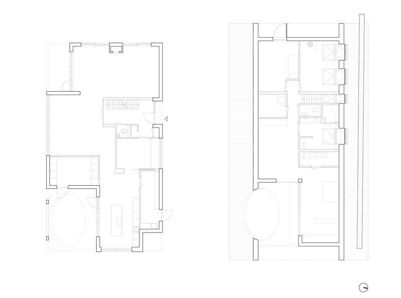 Floor plan drawings displaying ground and upper levels with central curved element