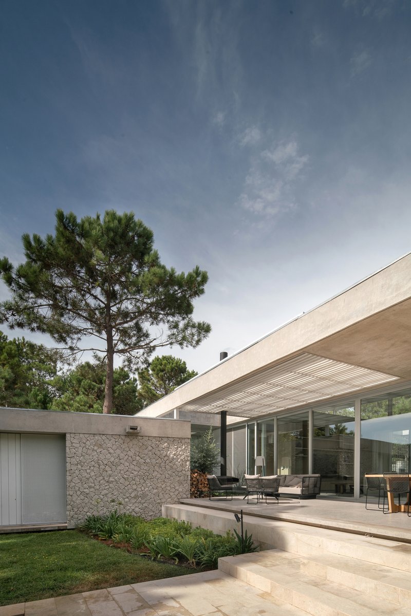 Covered terrace with cantilevered timber soffit beside a stone accent wall and lawn with pine trees