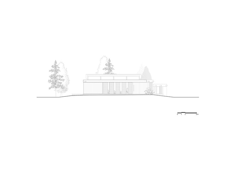 Elevation drawing depicting a flat-roofed structure with vertical cladding and evergreen trees in the landscape