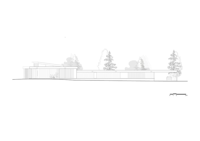 Elevation drawing showing a horizontal composition of low volumes with vertical screens and scattered conifer trees