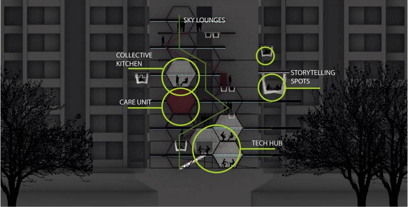 Vertical parasitic architecture creates sky lounges, care units, tech hubs, kitchens, and storytelling spaces across Hong Kong’s dense residential fabric.