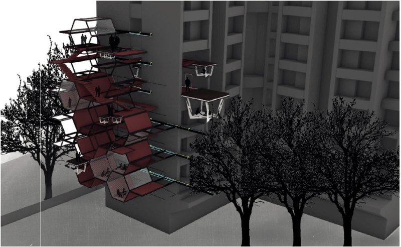 Honeycomb modules attach to high-rise façades, forming flexible public spaces and sleeping hubs for urban campers.