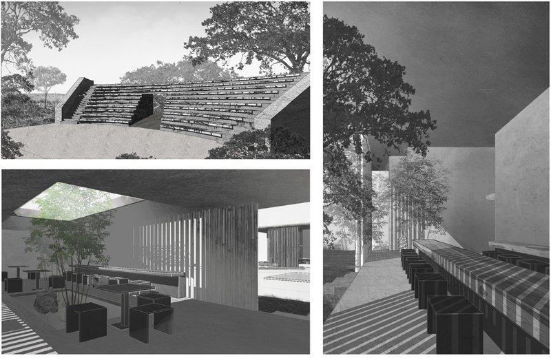Communal seating and shaded gathering spaces extend the chapel into nature.