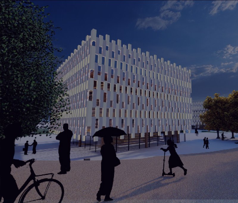The foldable screen facade gives the sports hub a changing identity for daily use and major event gatherings.