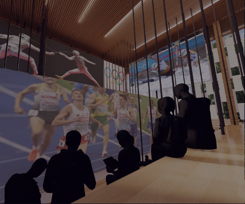 Interior viewing spaces use timber, screens, and flexible seating to bring stadium energy into a shared civic room.