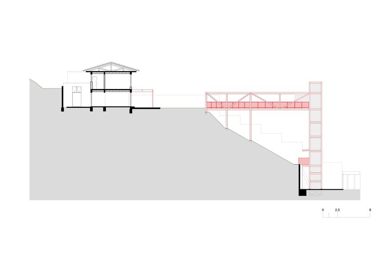 Section drawing revealing the structure stepping down the slope with bridge and tower elements