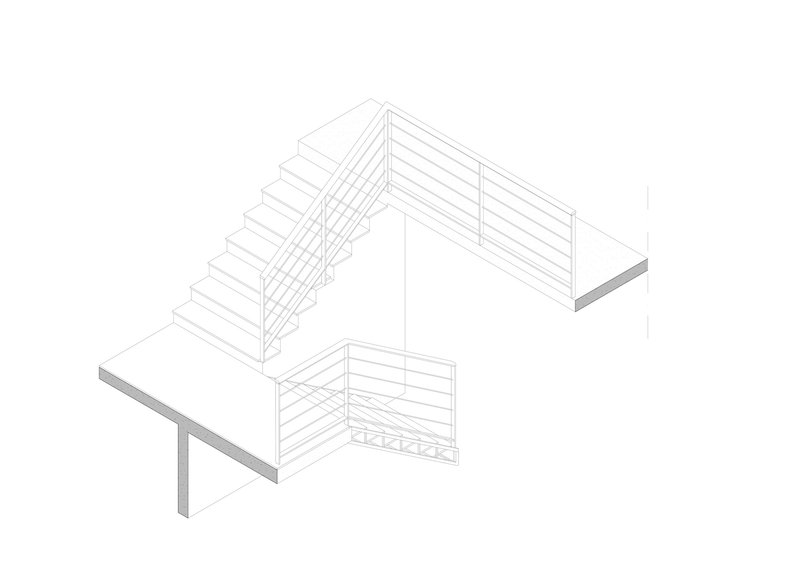 Isometric drawing of a two-flight staircase with horizontal railings and connecting landings
