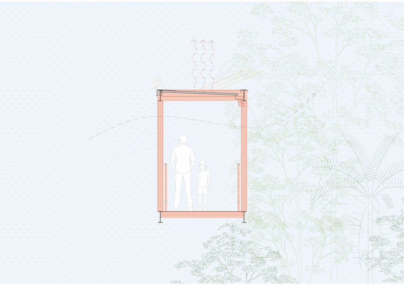 Detail section drawing showing passive ventilation through a framed structure with figures and vegetation