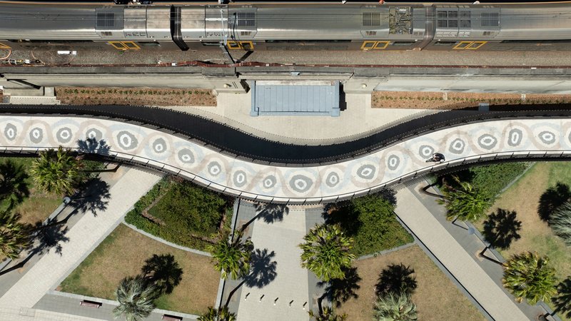 Aerial view of the curving pedestrian pathway with circular paver patterns alongside planted beds and palm trees