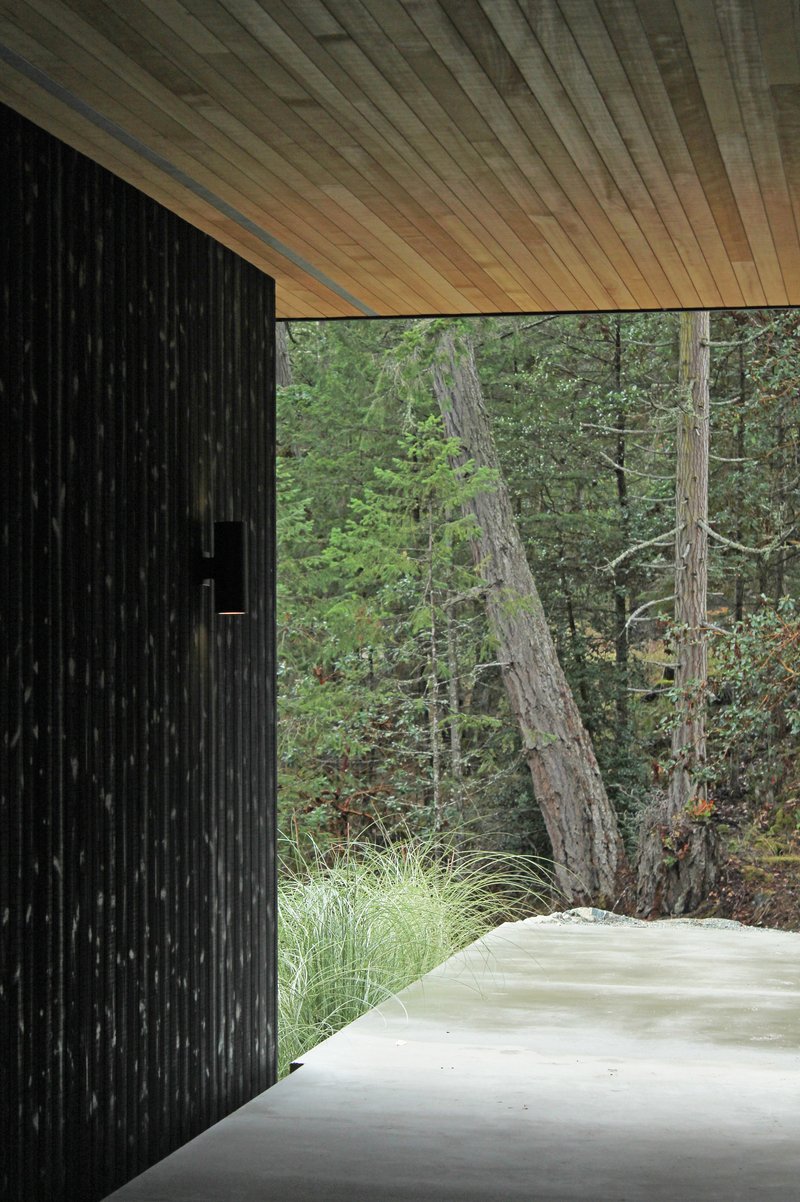 Covered threshold with slatted timber ceiling opening to forest beyond charred timber wall