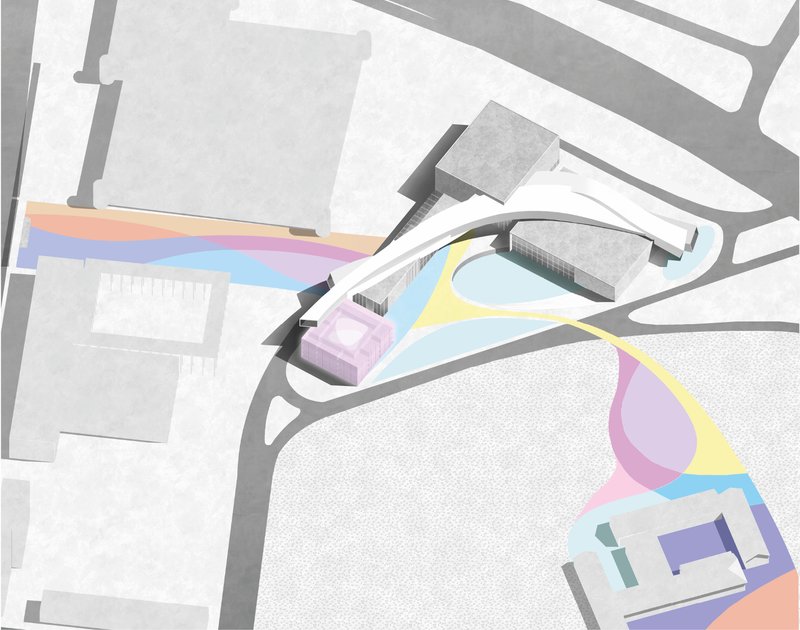 Site plan showing Interweaving’s flowing urban connections between the fashion center, surrounding landmarks, and public movement paths.