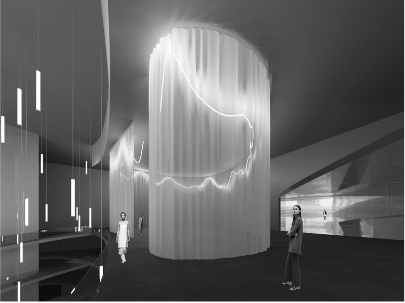 Interior museum view with glowing textile-like installations, soft light, and immersive circulation spaces.