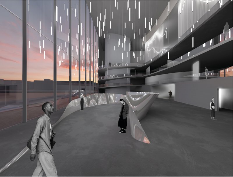 Grand interior atrium showing layered ramps, suspended lighting, and reflective forms inspired by fabric movement.
