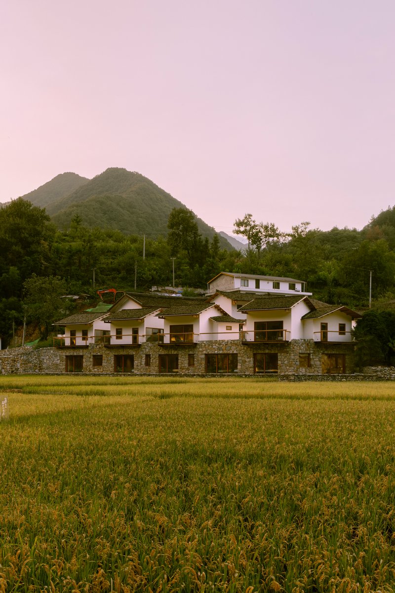 Rear elevation with tile roofs and stone plinth wall set against golden rice fields and forested peaks