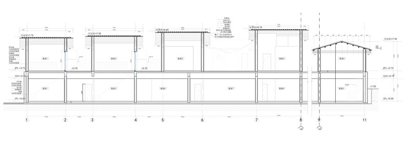 Building section drawing showing two-story room layouts with roof structures and interior volumes