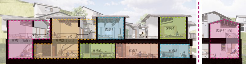 Section drawing with colored guest room volumes and a person walking through the corridor space