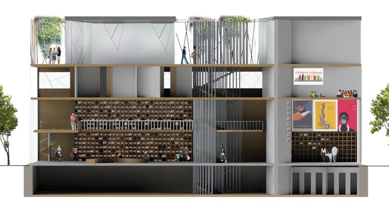Section view showing Biblio’s layered library, bookshop, children’s area and rooftop garden.
