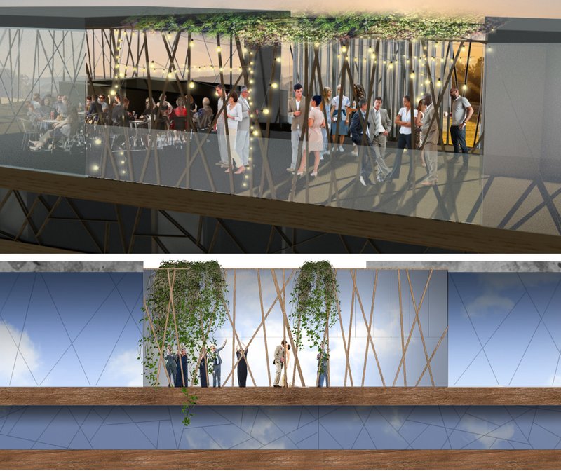 Rooftop terrace detail with greenery, glass enclosure and social event space.