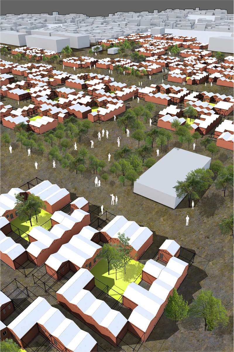 Aerial view of expandable residential blocks, courtyards, and green spaces forming a resilient recovery settlement.