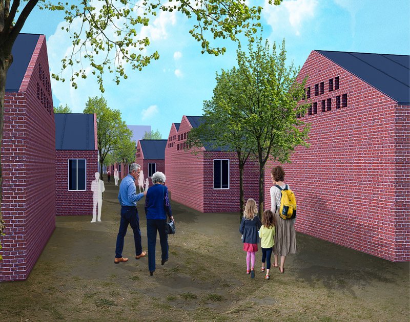 Pedestrian alley between brick housing units designed to restore neighbourhood life after crisis.