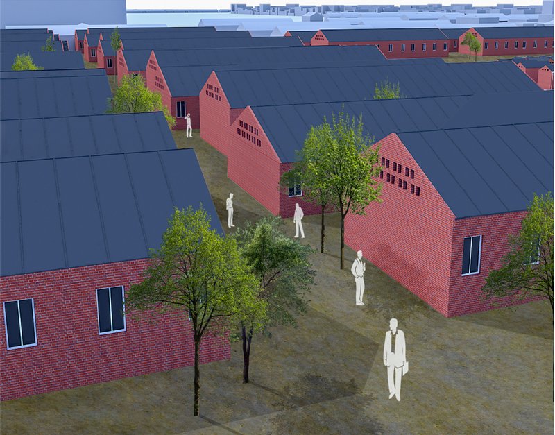 Post-disaster housing lanes with trees, modular roofs, and walkable spaces for everyday recovery.