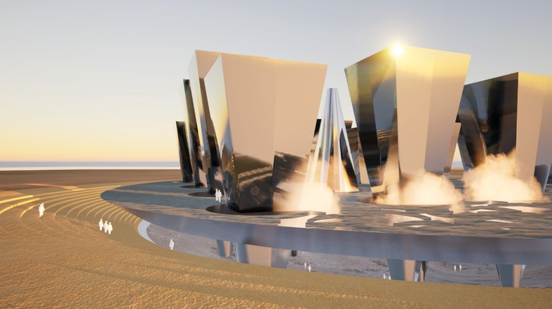 Mirrored cinematic organs rise above the desert cave, shaping Dream Organ as a surreal landscape of light, fog, and film.