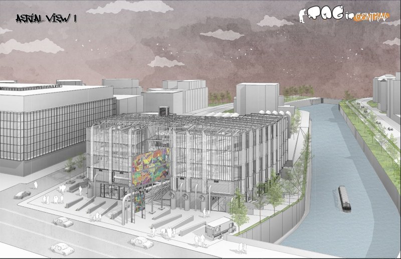 Aerial view of Tag-it Central beside the canal, revealing its industrial frame, graffiti façade and active public edge.