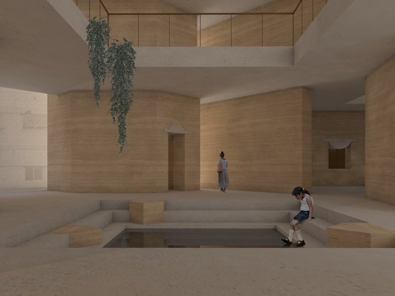 Communal patio shaped by earthen walls, light, and shaded gathering space.