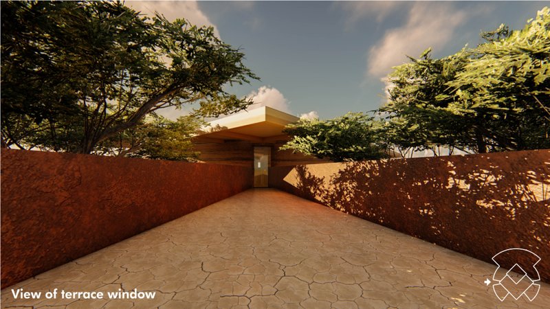 Terrace pathway leading toward the chapel through shaded landscape edges.