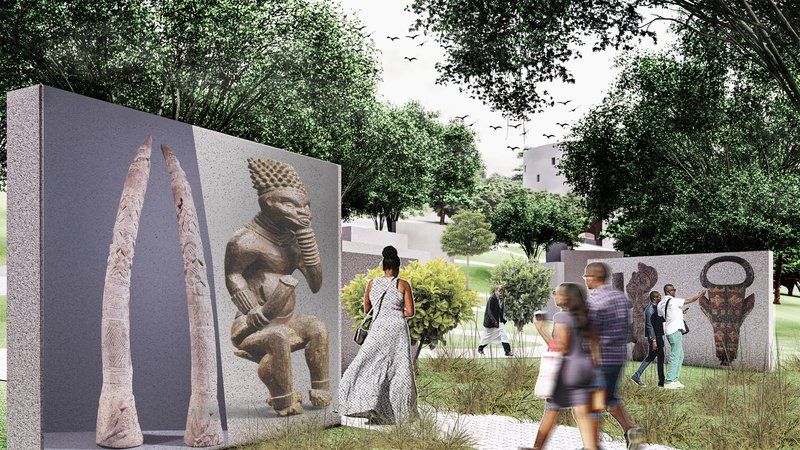 Cultural memory walls guide visitors through Foumban’s landscaped heritage walk.