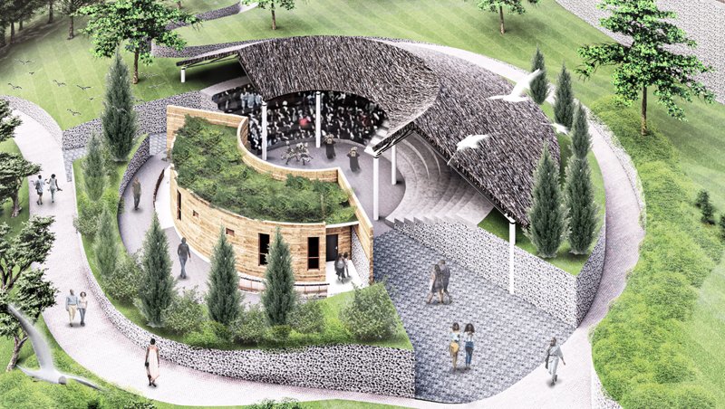 A shaded cultural pathway connects people, nature, and everyday community life.