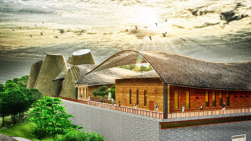 Conical museum forms rise from the landscape, merging heritage with contemporary design.