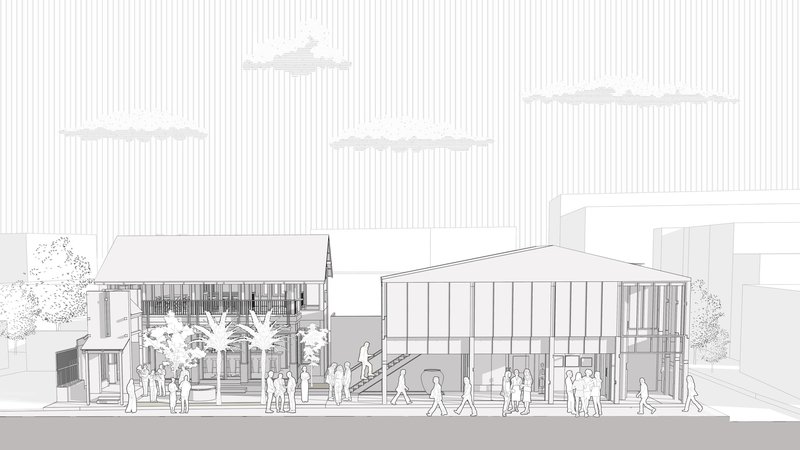 Elevation drawing depicting street-facing facades with vertical slatting and pedestrians gathering at entrances