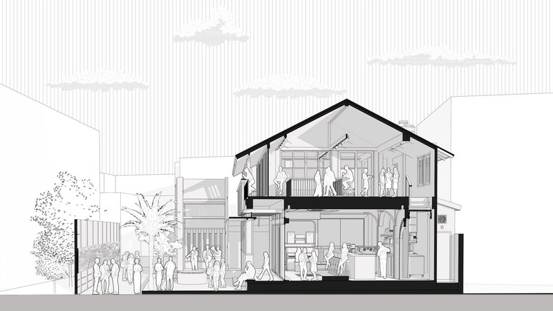 Section drawing showing two-story gabled structure with interior spaces and figures on both levels
