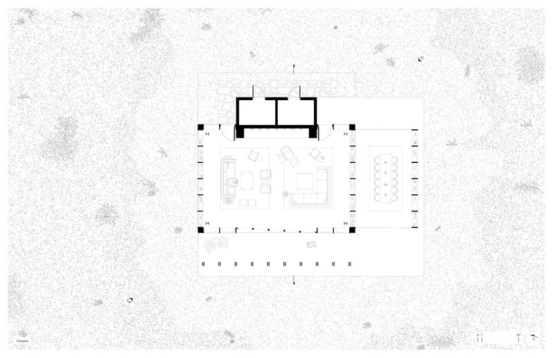 Floor plan drawing showing a rectangular volume with perimeter columns and central living and display spaces