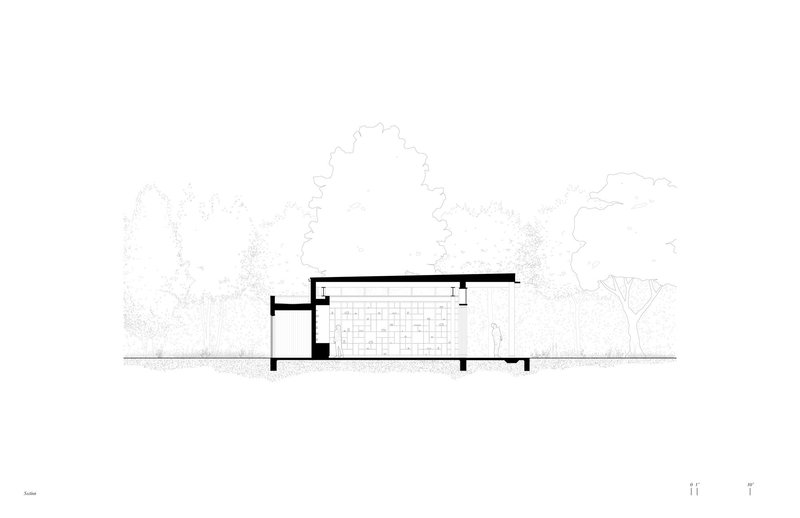 Section drawing showing a low-slung volume with brick patterned wall amid sketched tree canopies