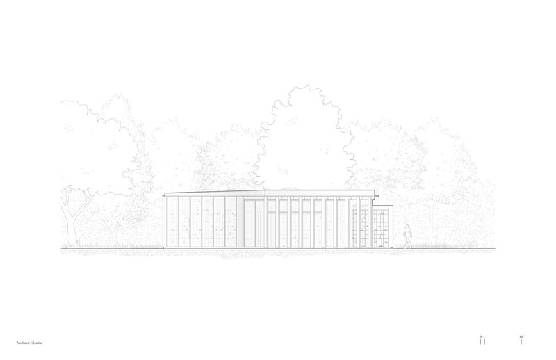 Elevation drawing of a rectangular structure with vertical panel facade surrounded by outlined trees