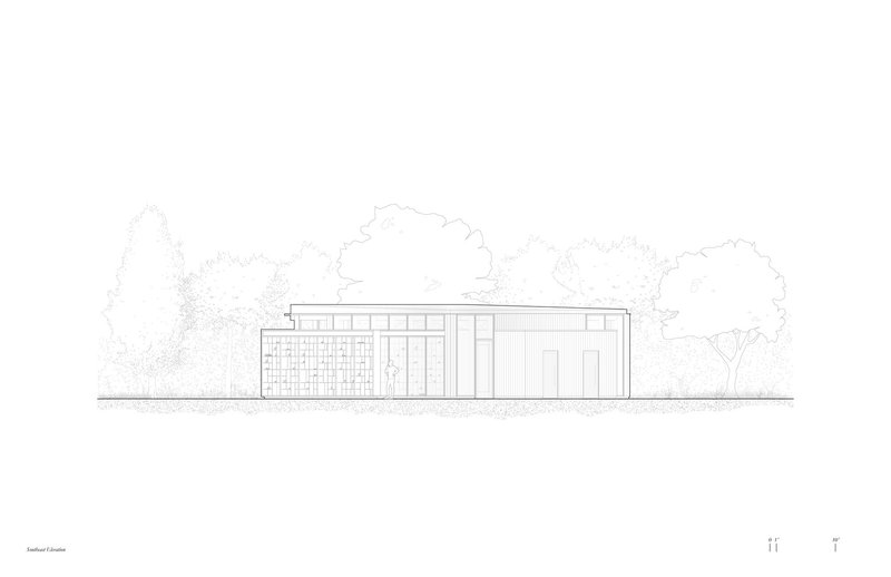 Elevation drawing showing two volumes with brick and vertical panel cladding beneath sketched tree silhouettes