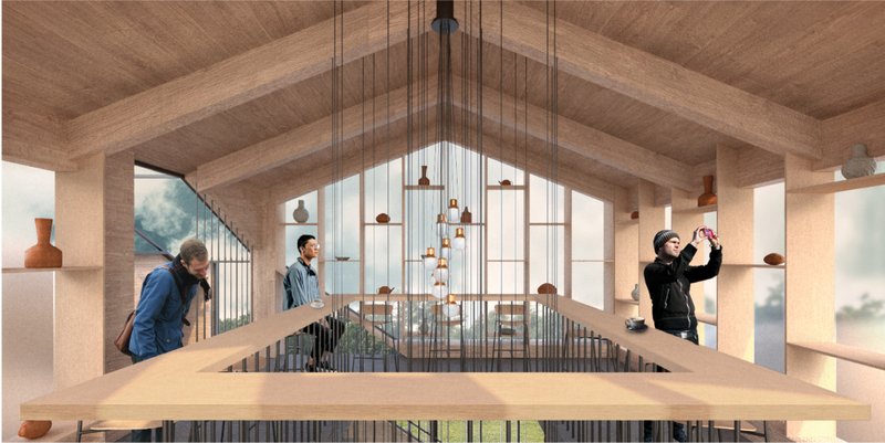 Upper-level pottery house with pitched timber ceiling, suspended lighting, and gallery-like ceramic shelves.
