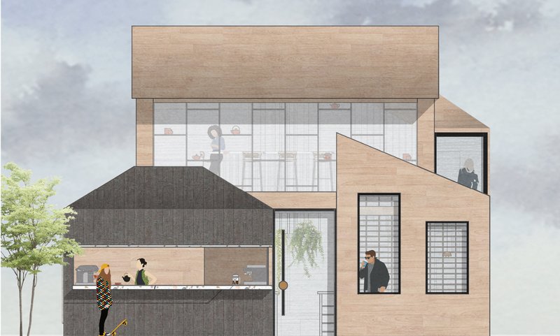 Layered exterior elevation showing Village Coffee as a composition of connected house-like volumes.