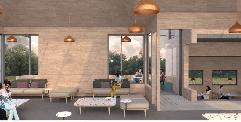 Layered exterior elevation showing Village Coffee as a composition of connected house-like volumes.