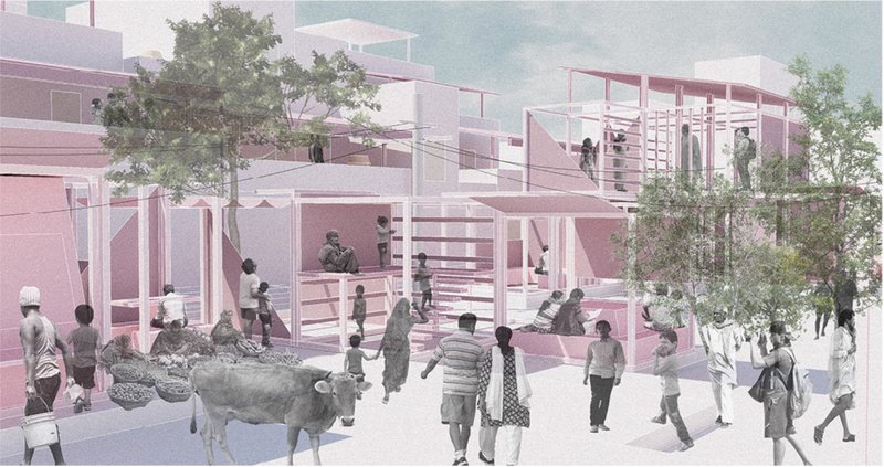 Lightweight parasitic structures create flexible spaces for markets, gathering, play, and community interaction.