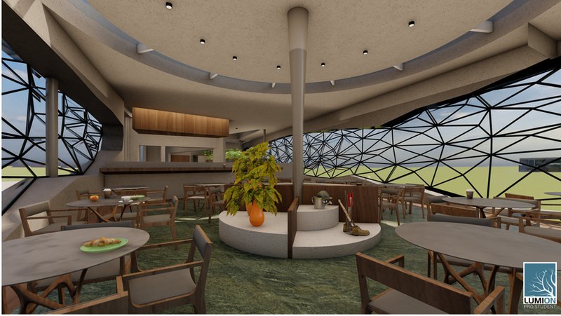 Rendered café interior featuring circular seating, warm timber furniture, and a faceted installation wall framing the social space.