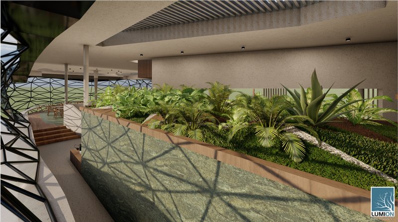 Integrated indoor planting softens the architectural palette while strengthening the café’s connection to landscape and biophilic design.