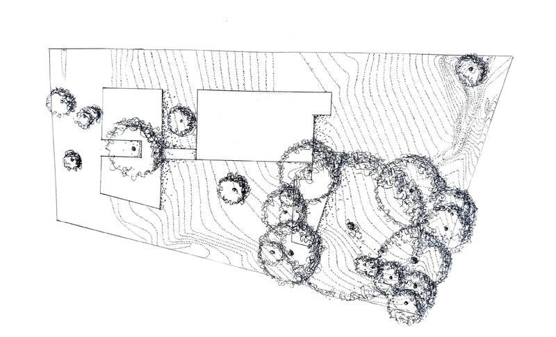 Site plan drawing showing building footprint with contour lines and scattered tree canopies